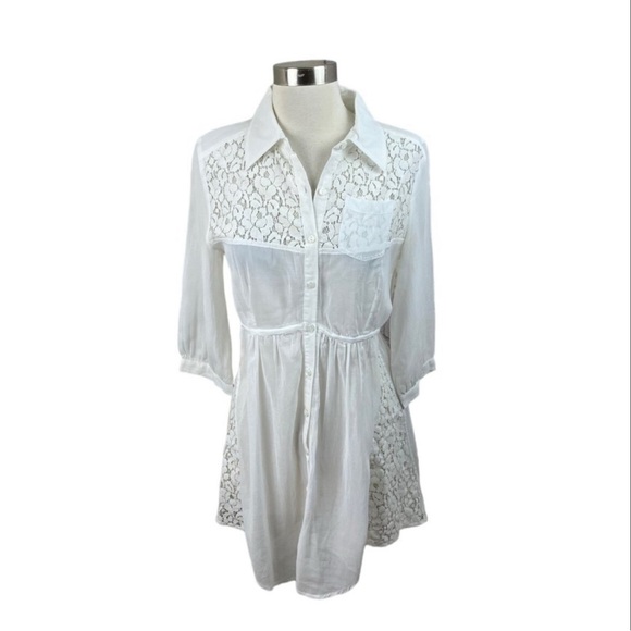 Free People White Button Front Lace Back Tie Back Tunic Dress Size Small - Picture 1 of 7